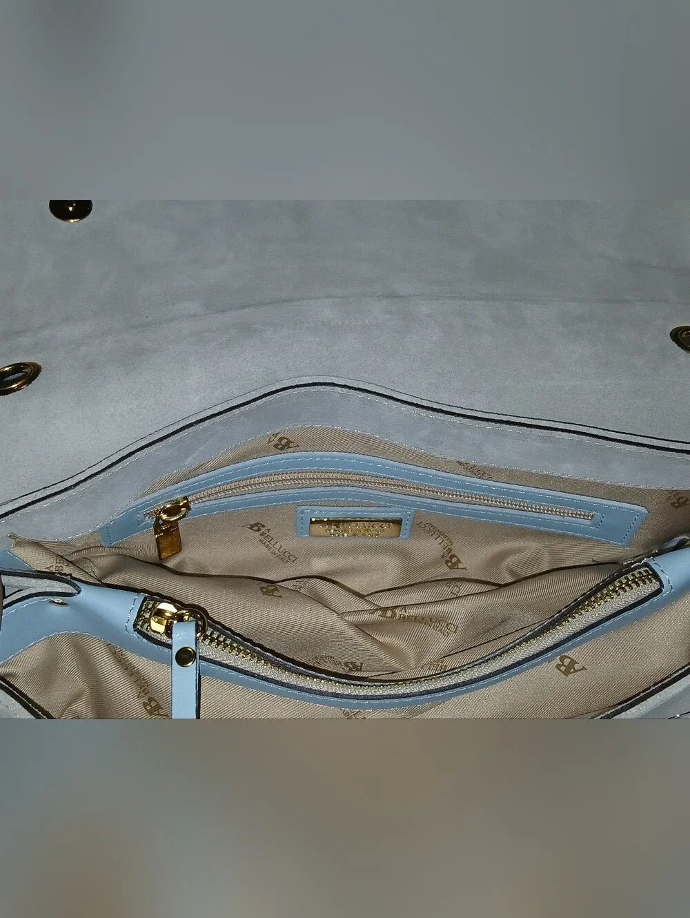 A. Bellucci Two-Tone Light Blue/Gray Leather and Sued Chain Shoulder Bag